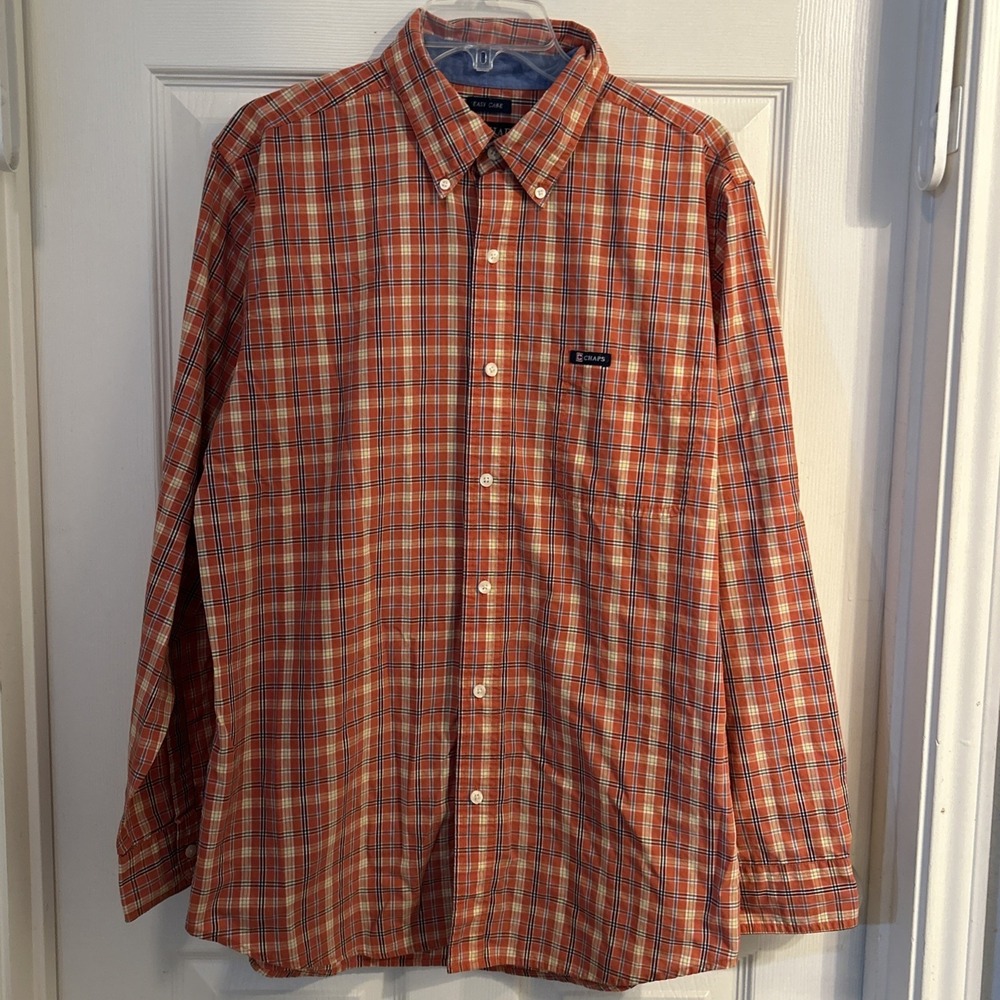 CHAPS Easy Care Button Down Shirt Orange Multi Plaid L/S Sz L Cotton Poly